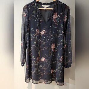 Yumi witchy Owl Print Tunic Dress Long Sleeve Tie‎ Neck Gold Tassels Blue